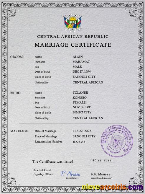 Central African Republic marriage certificate